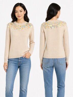 Dries Van Noten Blush Cream Merino Wool Sequin Embellished Sweater XS
